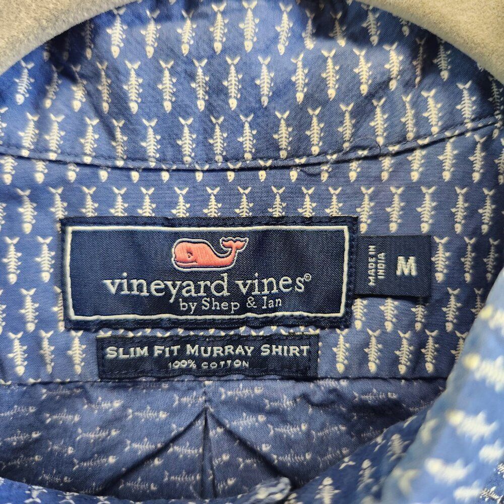 Vineyard Vines Shirt Mens M Blue Fish Bone Print Slim Fit Murray Resortwear - Picture 10 of 13